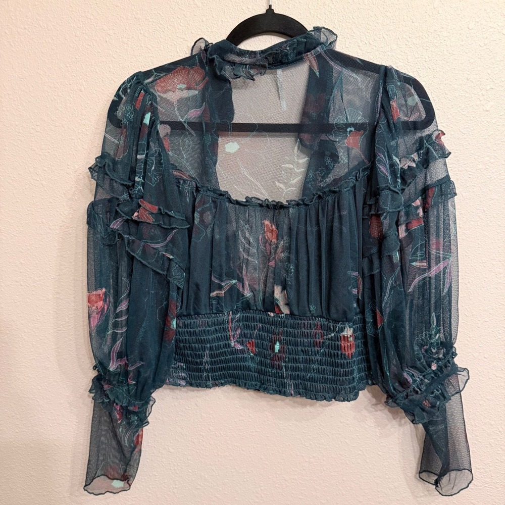 Free People Time For Shine Floral Mesh Whimsigoth Fairy Grunge Teal Green Large - Picture 3 of 11